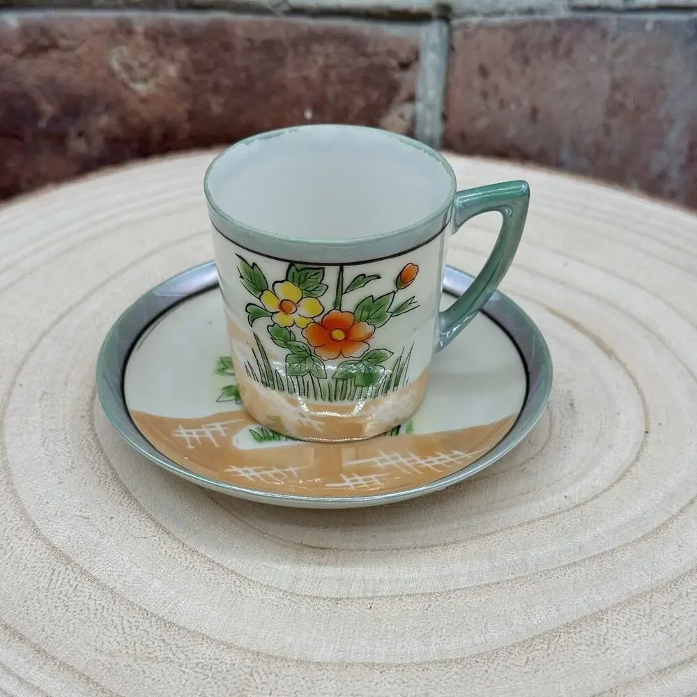 Vtg Lusterware Demitasse Tea Cup Saucer Set Flower Japan Peach Green‎ Espresso
